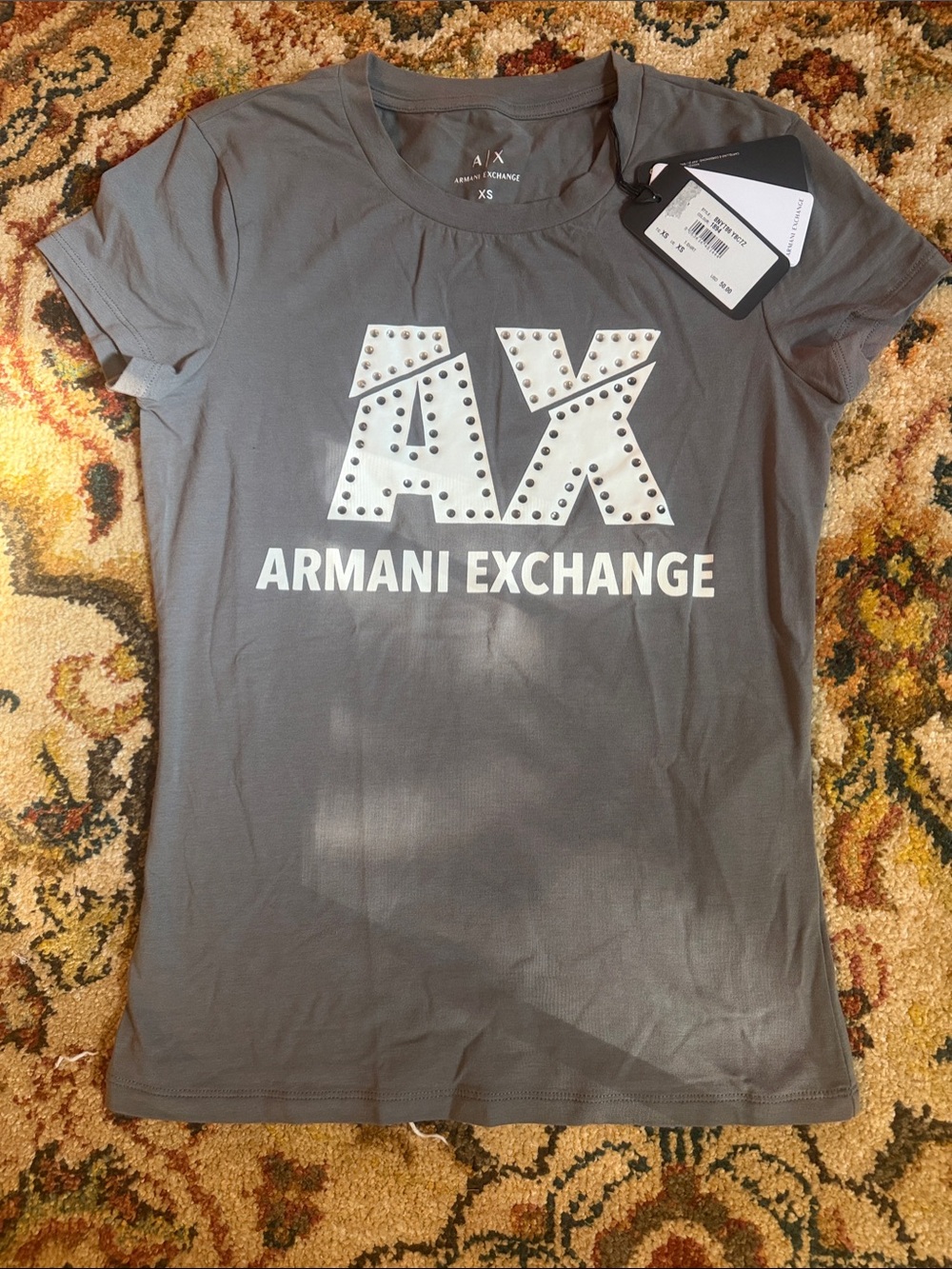 Armani Exchange Gray Logo Studded Short Sleeve Tee